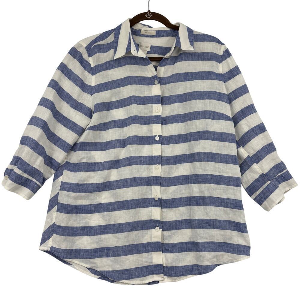 Chico's Linen Blouse Size M Blue‎ White Stripe No Iron Button Up Elbow Sleeve